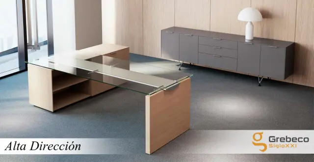 Imagen Mesa direccional con tapa en vidrio y mueble soporte madera 