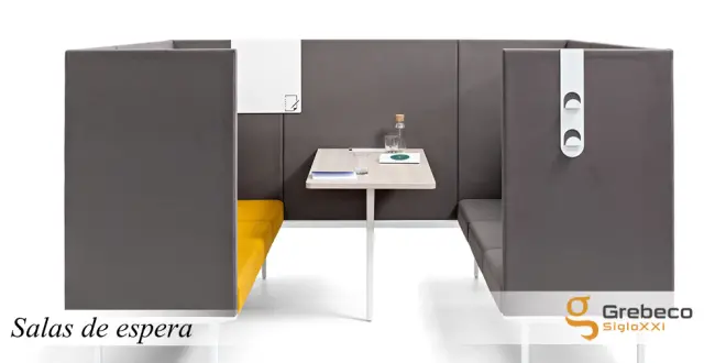 Imagen Conjunto sala de espera con divisoria fonoabsorbentes, mesa y 6 asientos.